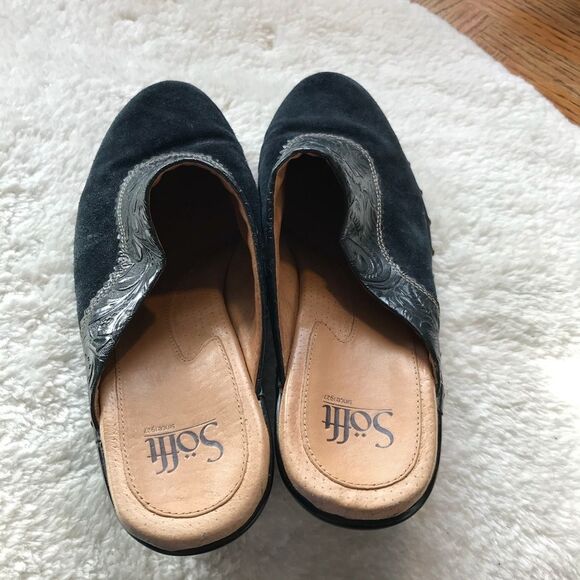 Sofft 9.5 Blue Suede Tooled Leather Heeled Mule - Picture 4 of 7